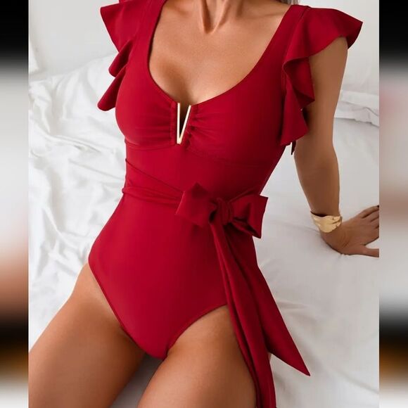 New Red Ruffle V Detail Bow Waist One  Piece Swimsuit Xl, xxl, 12, 14 - Picture 1 of 14